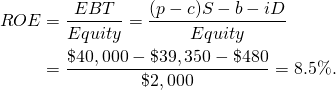  \begin{equation*}  \begin{split}ROE & = \dfrac{EBT}{Equity} = \dfrac{(p - c) S - b - iD}{Equity} \\ & = \dfrac{\$40,000 - \$39,350 - \$480}{\$2,000} = 8.5\%. \end{split} \end{equation*}