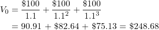  \begin{equation*} \begin{split}  V_0 & = \dfrac{\$100}{1.1} + \dfrac{\$100}{1.1^2} + \dfrac{\$100}{1.1^3}   \\ & = \ $90.91 + \$82.64 + \$75.13 = \$248.68  \end{split} \end{equation*} 