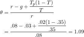 \begin{equation*}  \begin{split} \theta & = \dfrac{r - g + \dfrac{T_p(1 - T)}{T}}{r} \\ & = \dfrac{.08 - .03 + \dfrac{.02(1 - .35)}{.35}}{.08} = 1.09 \end{split}\end{equation*}