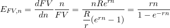  \begin{equation*}  E_{FV,n} = \dfrac{dFV}{dn} \dfrac{n}{FV} = \dfrac{nRe^{rn}}{\dfrac{R}{r}(e^{rn}-1)} = \dfrac{rn}{1-e^{-rn}}  \end{equation*} 