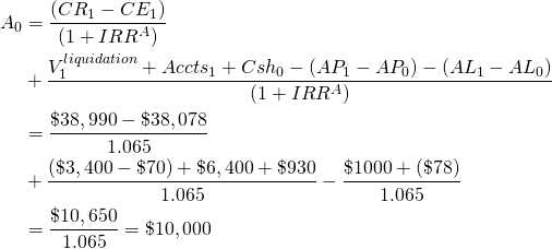  \begin{equation*}  \begin{split} A_0 & = \dfrac{(CR_1 - CE_1)}{(1 + IRR^A)} \\ & + \dfrac{V_1^{liquidation} + Accts_1 + Csh_0 - (AP_1 - AP_0) - (AL_1 - AL_0)}{(1+ IRR^A)} \\ & = \dfrac{\$38,990 - \$38,078}{1.065} \\ & + \dfrac{(\$3,400 - \$70) +\$6,400 + \$930}{1.065} - \dfrac{\$1000 + (\$78)}{1.065} \\ &= \dfrac{\$10,650}{1.065} = \$10,000 \end{split}  \end{equation*} 