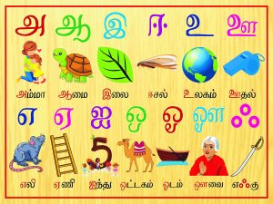 Tamil vowels with words starting with the vowel and picture of the word.