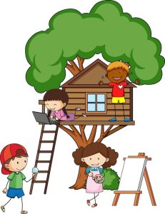 Children playing in and around a tree house 