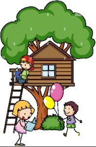 Children playing in and around a tree house with balloons. 