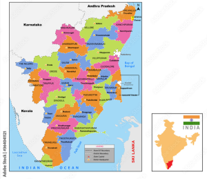 Map of Tamilnadu , showing neighboring states and water bodies and neighboring country.