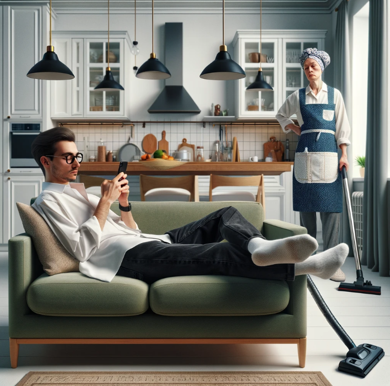 Lazy man lying on the couch while a woman is cleaning