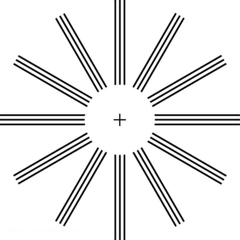 A circle without border and a cross sign in between. A wheel type structure is shown with parallel lines coming from the border of the circle.