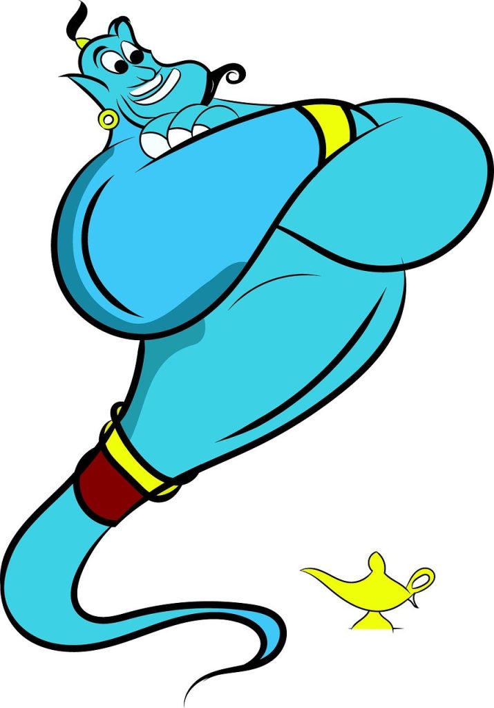 Blue genie and yellow magic lamp