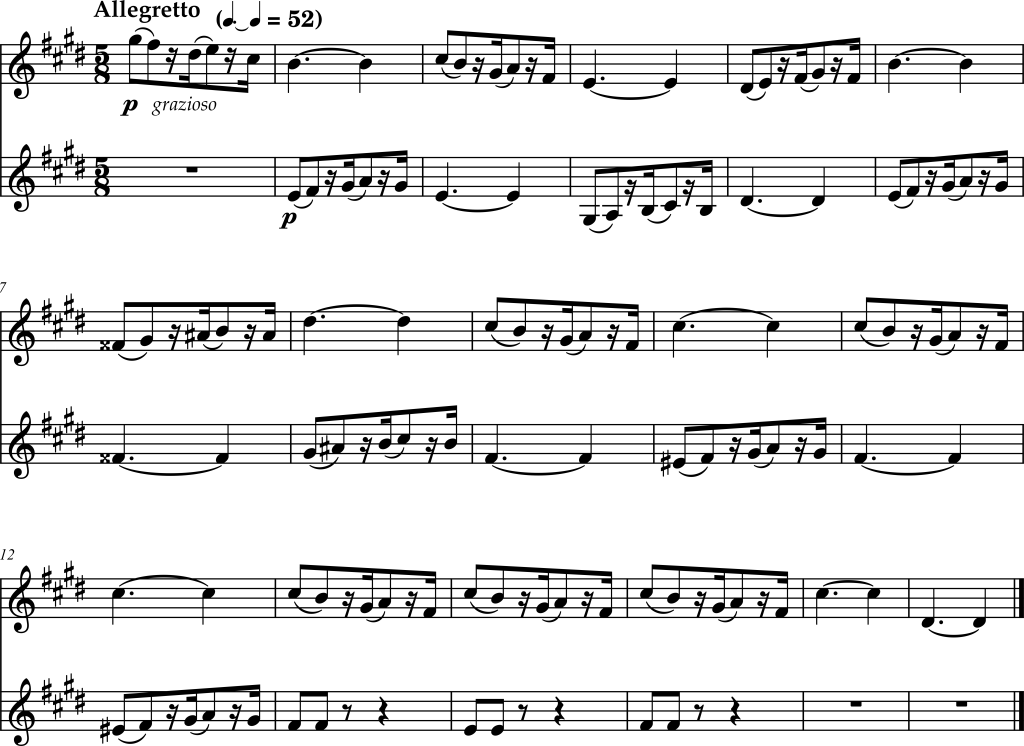 Excerpt from Camille Saint-Saëns, Piano Trio Number 2, Movement 2, Violin and Piano Right Hand.