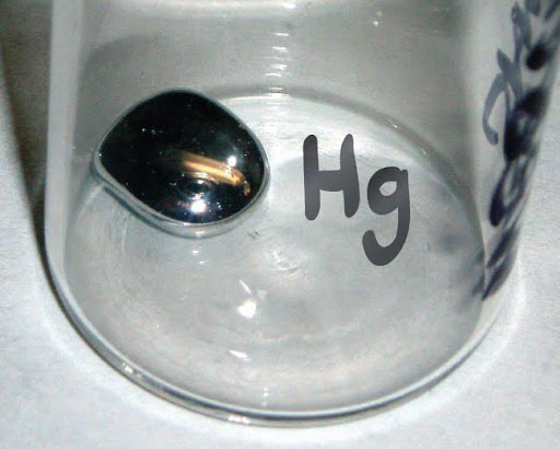 A jar labeled “Hg” is shown with a small amount of liquid mercury in it.