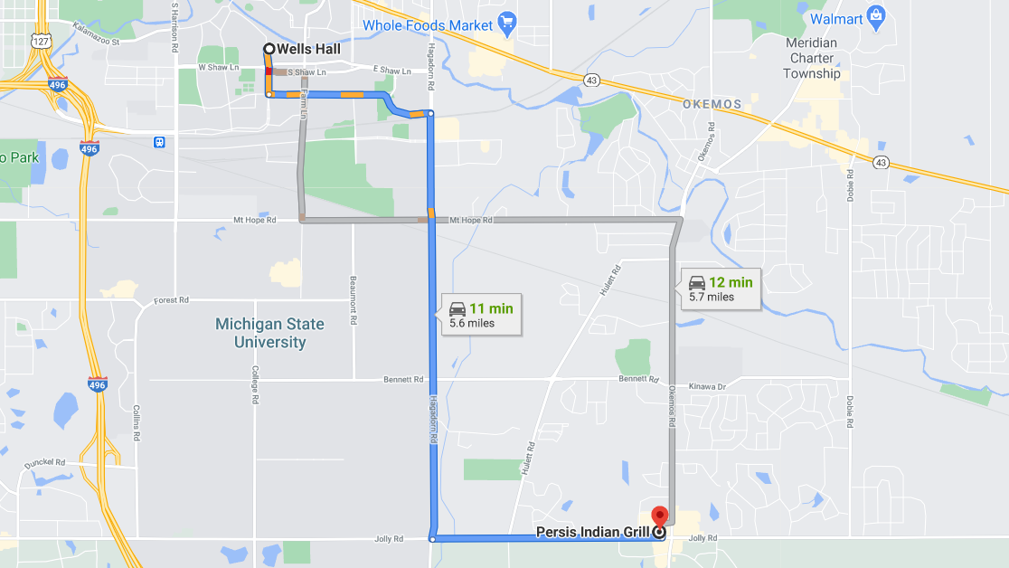 Google maps navigation from Wells hall to Persis Indian Grill