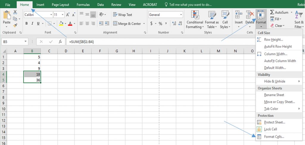 Image shows an Excel worksheet with the Home tab selected, the Format button selected, and the Format Cells... option.