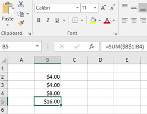 Image shows Excel worksheet with Cell B5 formatted as currency: $16.00.
