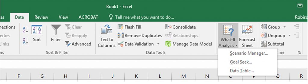 Image shows the location of the Goal Seek... option in Excel on the Data tab and the What if Analysis button in the ribbon.