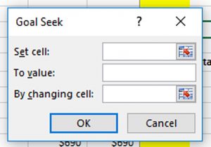 The Goal Seek dialogue box asking for the endogenous variable location to be recorded in the “Set” field, the desired value of the endogenous variable to be recorded in the “To value” field, and the location of the exogenous variable to be recorded in the “By changing” field.