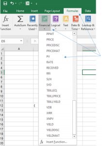 Image shows how to call the Excel functions from the Formula menu tab and the Financial button on the ribbon.