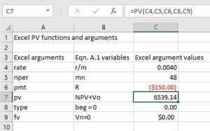 An Excel PV function solution for equation A.1 where A.1 variables are described in cells C4 through C9.