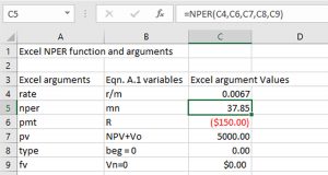 Excel function answering the question: “what if” rate were 8%, then what would be the value of nper?