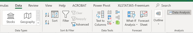 Microsoft Excel Data Menu Ribbon showing Data Analysis Button