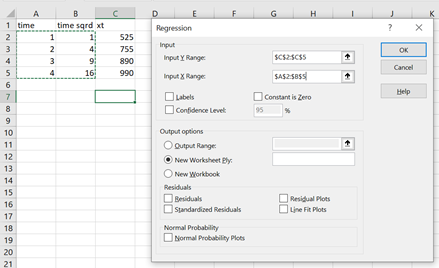 Excel Regression data input popup window.