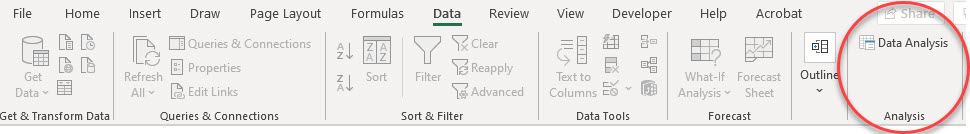 Excel Data Menu Ribbon with Data Analysis button enabled.
