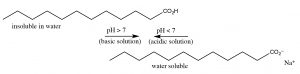 CO2H in insoluble water and CO2- in water soluble.