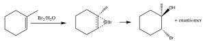 An image of bromonium ion that comes from the solvent acting as the nucleophile in the second step.