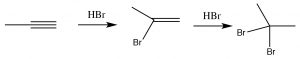 An image of a Markovikov addition across the triple bond with HBr.