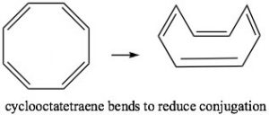 An image of cyclooctatetraene as it bends to reduce conjugation.