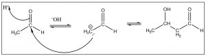 An image of a reaction of -OH giving a product of beta hydroxyaldehyde.