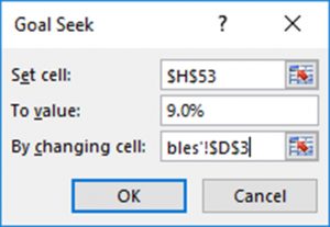 Screen capture of the Excel Goal Seek window, Set cell: $H$53, To value: 9.0%, By changing cell: 'Exog. variables'!$D$3