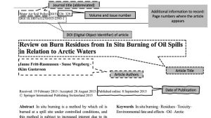 Screenshot of a scholarly article showing where to find the different things you need for a bibliography. The journal name is "Water Air Soil Pollution" at the top of the page. The volume number is next to the journal name and is 226. The DOI of the article is underneath the journal name and labeled with DOI. There is a line separating the page and the article title is "Review on burn residues from in situ burning of oil spills in relation to Arctic Waters." The author names are underneath the title and are Janne Fritt-Rasmussen, Susse Wegeberg, and Kim Gustavson. The date of publication is underneath the authors and is 2015.