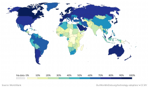 About 80% of people in North America, parts of South America, most of western Europe, parts of the middle East,Russia, and Australia. 0-50% of people in most of Africa and part of Asia.