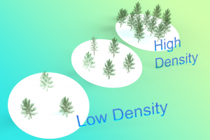 Variation in tree density. Trees that are close together have a high density, and have a low density when they farther away from each other.