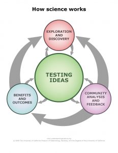 Main elements of science (see image caption) are interconnected but one of them is in the center and in larger font than the rest: testing ideas.