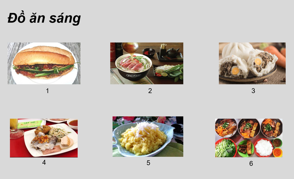 6 pictures of various Vietnamese breakfast foods  1. Bánh mì  2. Phở  3. Bánh Bao  4. Bánh Cuốn  5. Xôi  6. Bún
