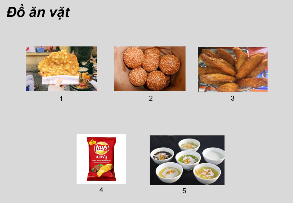 5 pictures of Vietnamese snacks.  1. Bánh ngô  2. Bánh rán  3. Bánh chuối  4. Bim bim  5. Chè