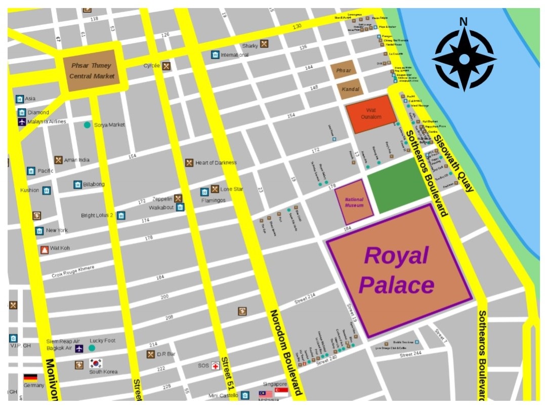 According to the map, you walk straight east from the Central Market, then turn right at the corner of Boulevard Norodom, then straight south, then left at street 214, and finally straight east.