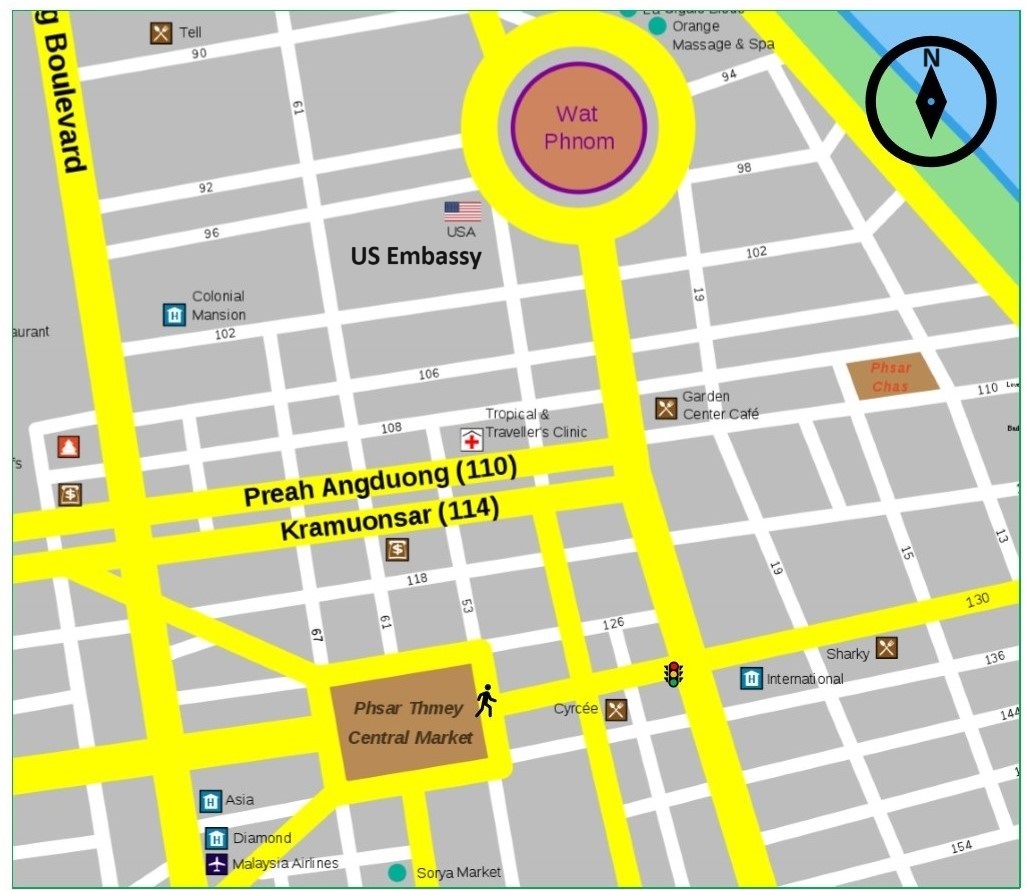 According to the map, from Central market, Sokha should walk straight east. At the traffic light, turn left and walk north. Turn left on Street 102 and walk straight. The US Embassy is on the right.