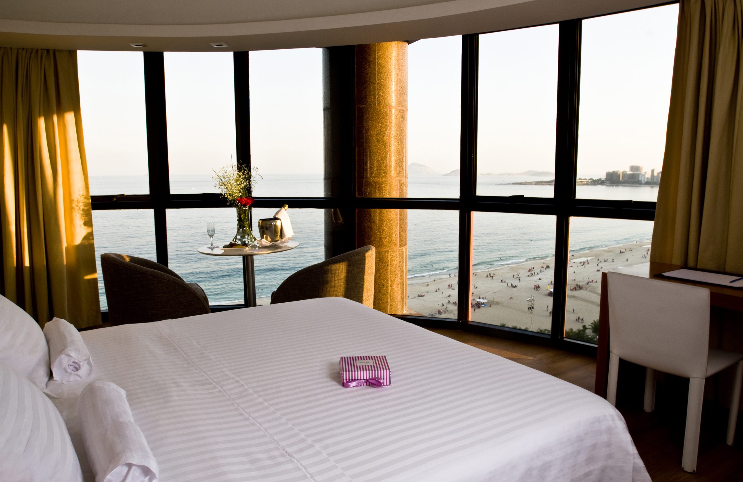 High-end hotel room with a beach view