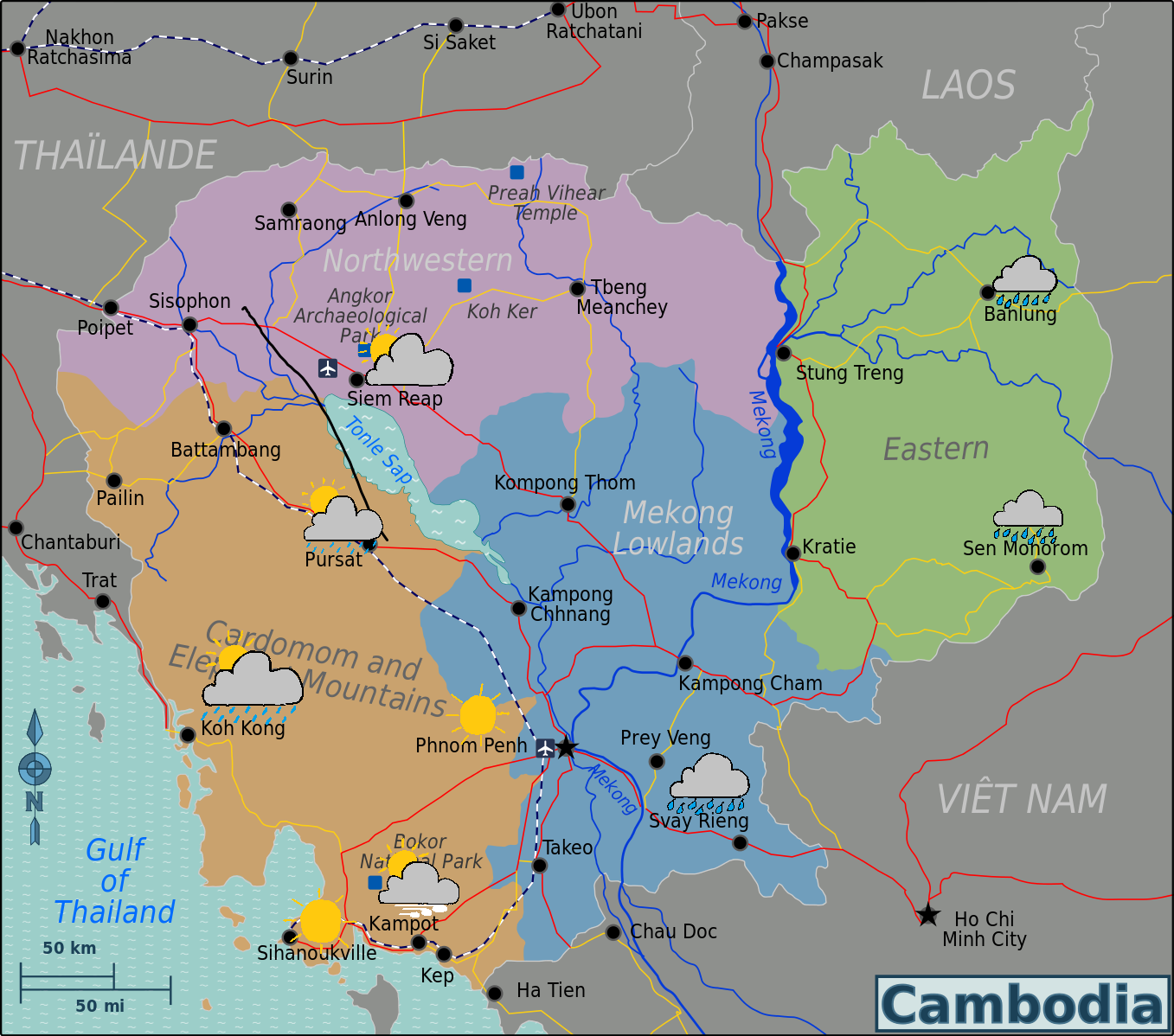 According to the map, it rains heavily in Banlung, but only slightly in Sen Monorom and Svay Rieng. Phnom Penh and Sihanoukville both have sunny weather. Although cloudy and sunny, Koh Kong and Pursat are experiencing showers. Siem Reap is also cloudy and sunny, with little or no rainfall. Although cloudy and windy, Kampot is also sunny.