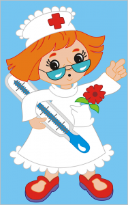 a animated nurse / women standing while wearing scrub. she is wearing glasses and holding thermometer in her hand. she is wearing glasses.