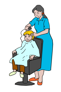 animated lady giving haircut to a blond hair boy